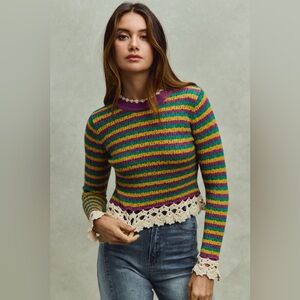 SO ME Mardi Gras Striped Cropped Knit Top with Crochet Edge 10010076495